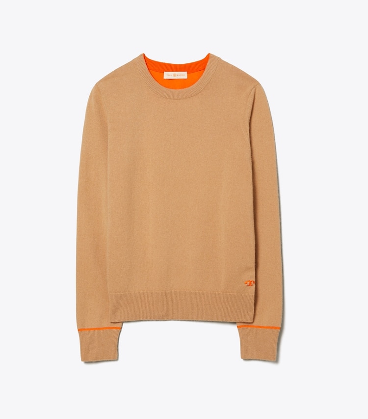 Tory Burch designer sweaters Cashmere Pullover in Perfect Camel/Vibrant Orange front