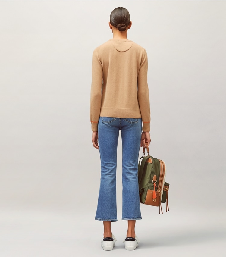 Tory Burch designer sweaters Cashmere Pullover in Perfect Camel/Vibrant Orange on model back
