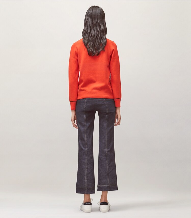 Tory Burch designer sweaters Cashmere Pullover in Red/Tory Navy on model back