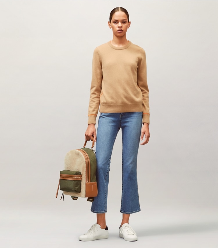 Tory Burch designer sweaters Cashmere Pullover in Perfect Camel/Vibrant Orange on model front
