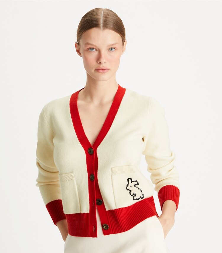 Tory Burch designer sweaters Cashmere Rabbit Cardigan in Soft Ivory on model detail
