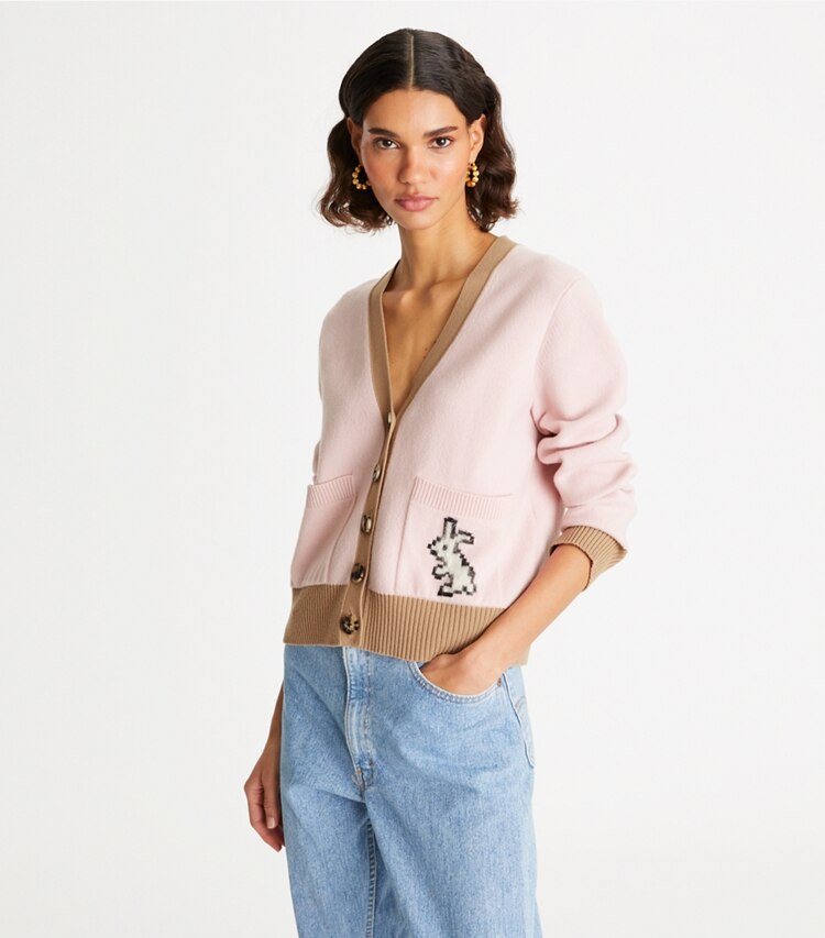 Tory Burch designer sweaters Cashmere Rabbit Cardigan in Sugar Peony on model detail