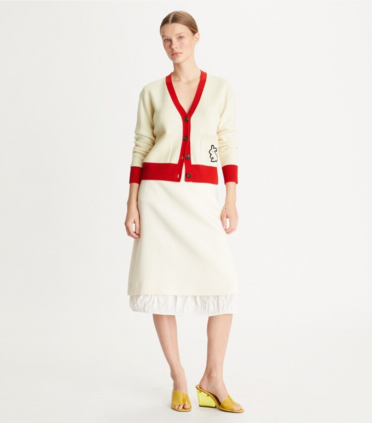 Tory Burch designer sweaters Cashmere Rabbit Cardigan in Soft Ivory on model front