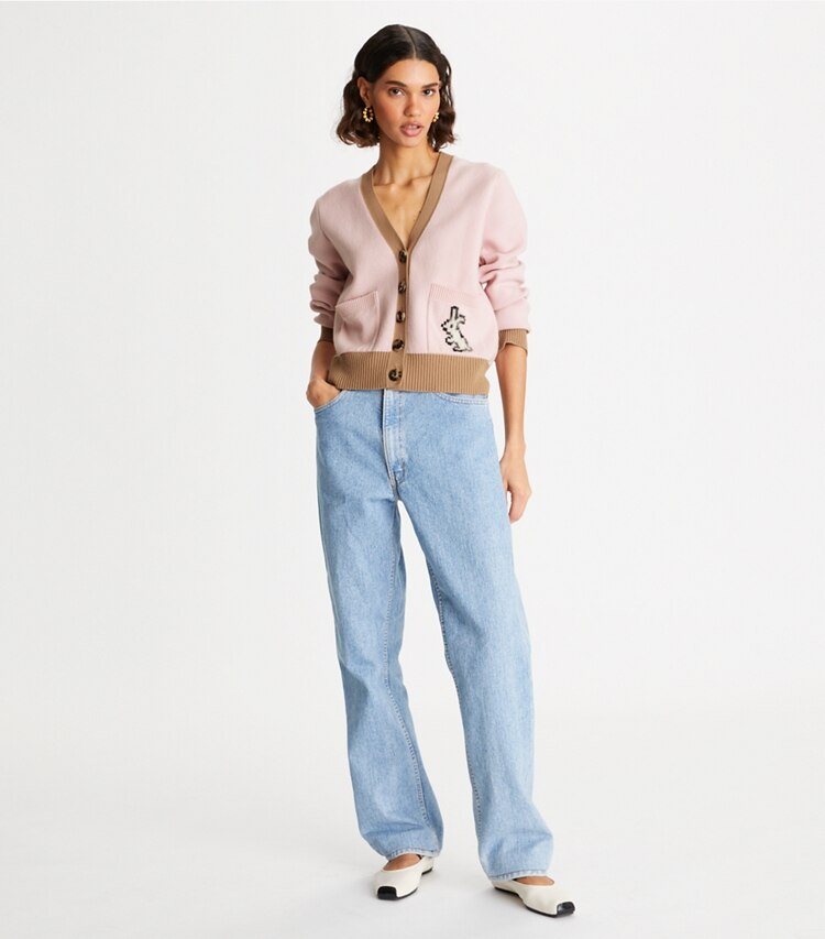 Tory Burch designer sweaters Cashmere Rabbit Cardigan in Sugar Peony on model front