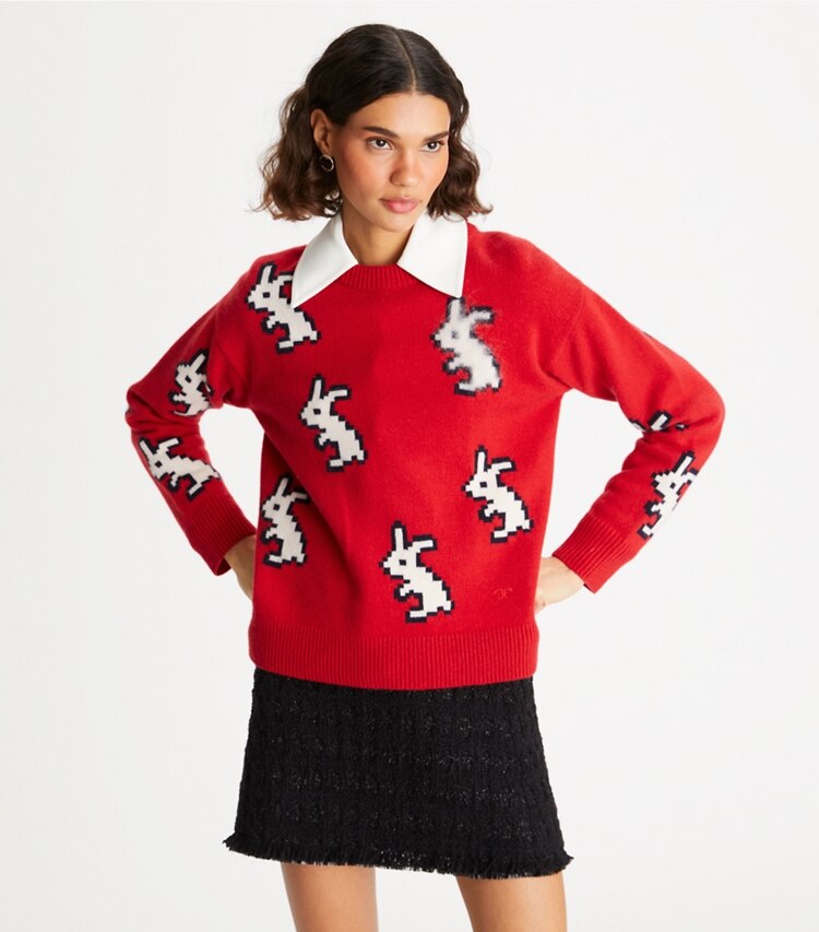 Tory Burch designer sweaters Cashmere Rabbit Sweater in Radish Red on model detail