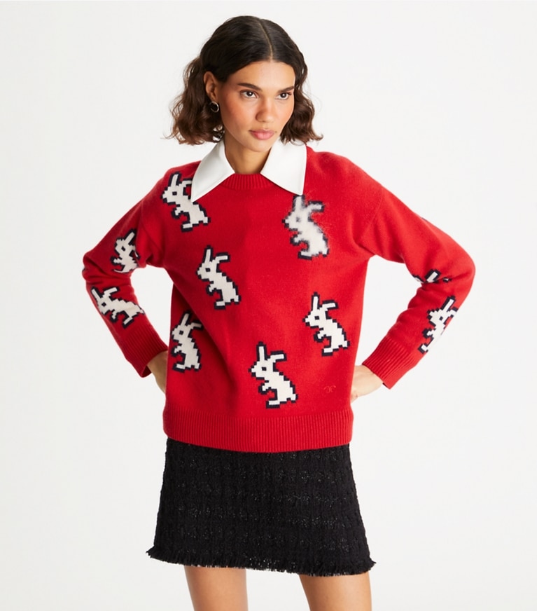 Tory Burch designer sweaters Cashmere Rabbit Sweater in Radish Red front