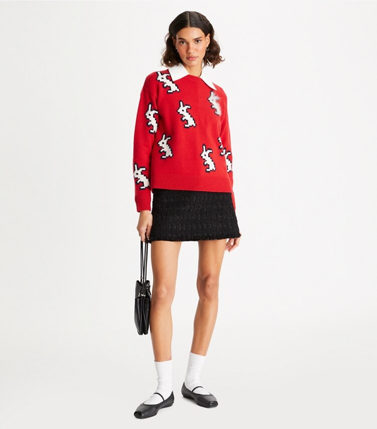 Tory Burch designer sweaters Cashmere Rabbit Sweater in Radish Red on model front