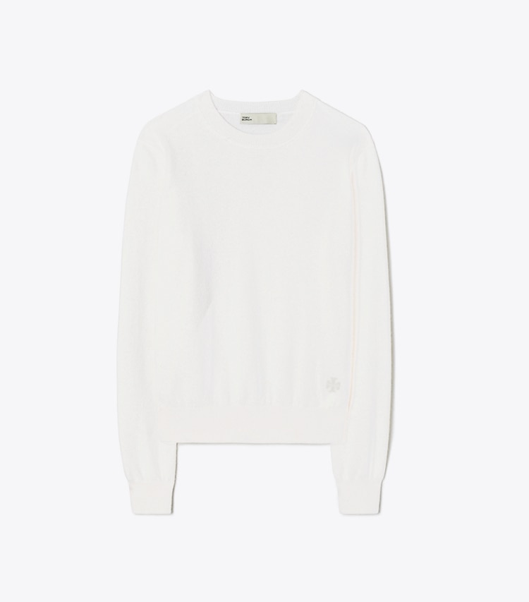 Tory Sport designer sweaters Cashmere Shrunken Crewneck in New Ivory Melange front