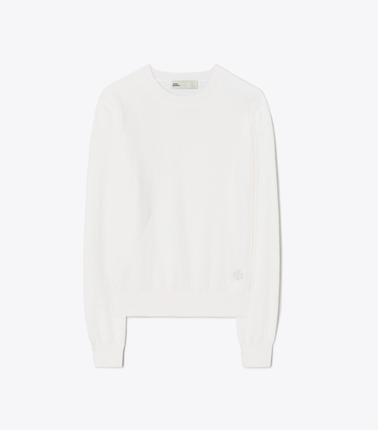 Tory Sport designer sweaters Cashmere Shrunken Crewneck in New Ivory Melange front