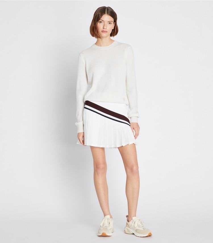 Tory Sport designer sweaters Cashmere Shrunken Crewneck in New Ivory Melange on model front