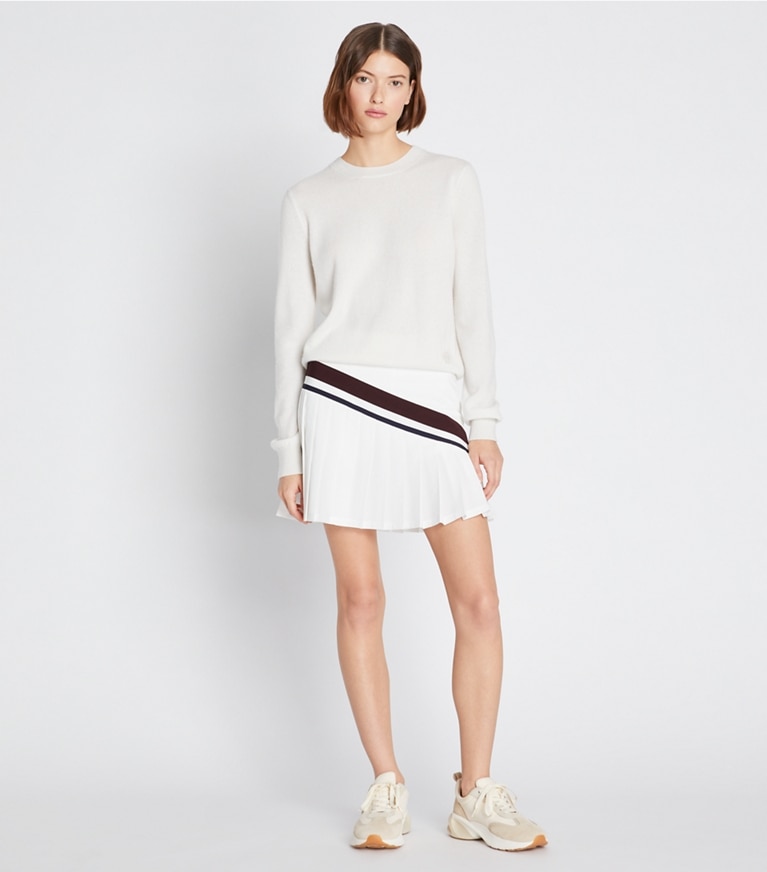 Tory Sport designer sweaters Cashmere Shrunken Crewneck in New Ivory Melange front
