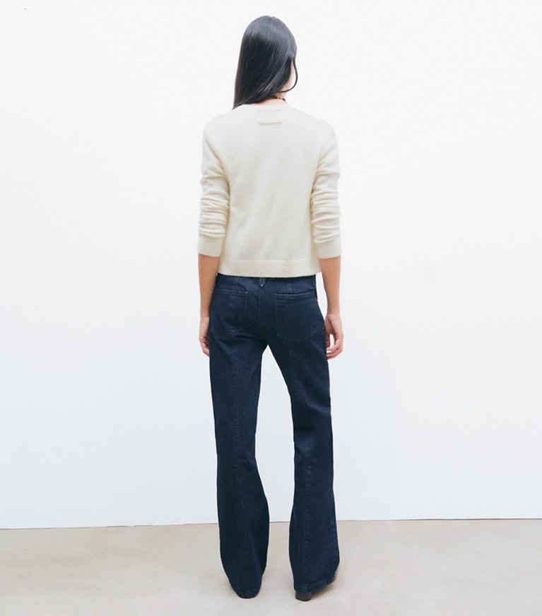 Tory Burch designer sweaters Cashmere Silk Cardigan in Ivory on model back