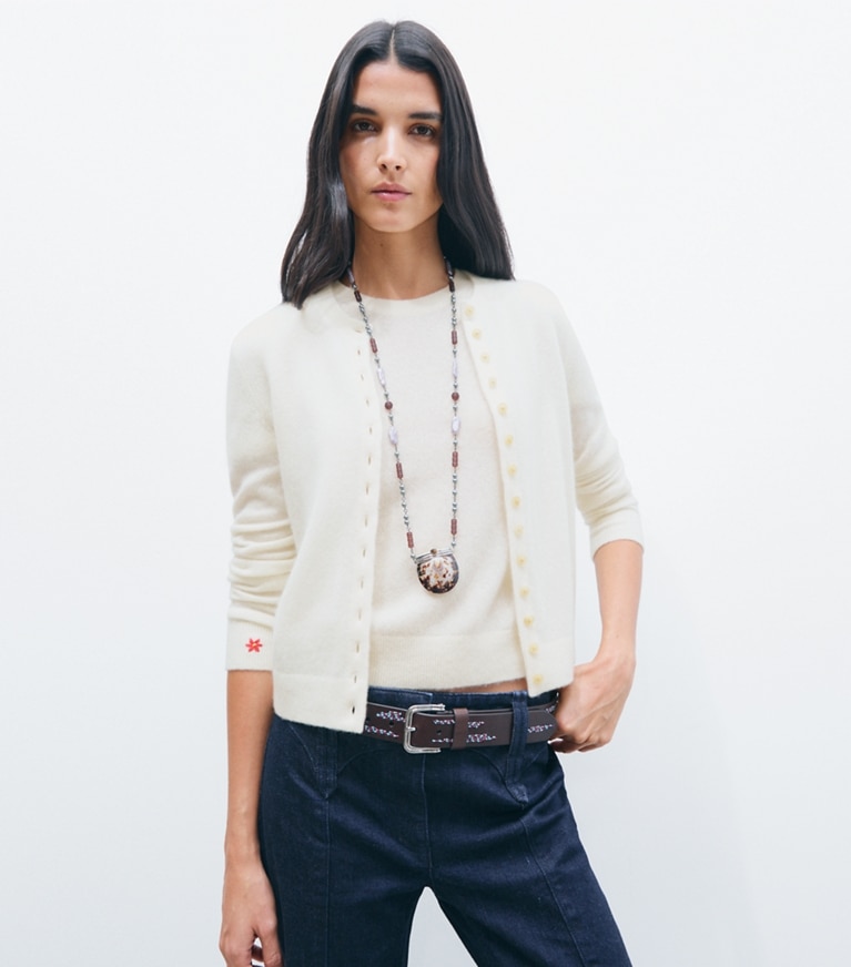 Tory Burch designer sweaters Cashmere Silk Cardigan in Ivory on model detail