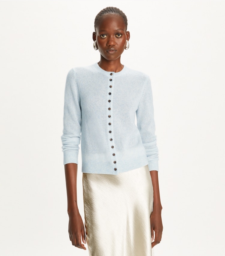 Tory Burch designer sweaters Cashmere Silk Cardigan in Soft Dewdrop on model detail