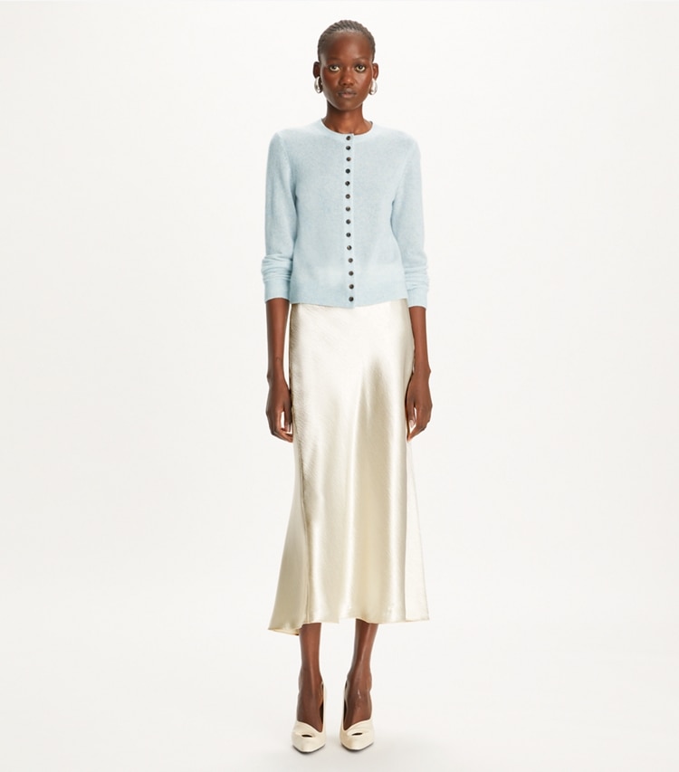 Tory Burch designer sweaters Cashmere Silk Cardigan in Soft Dewdrop on model front