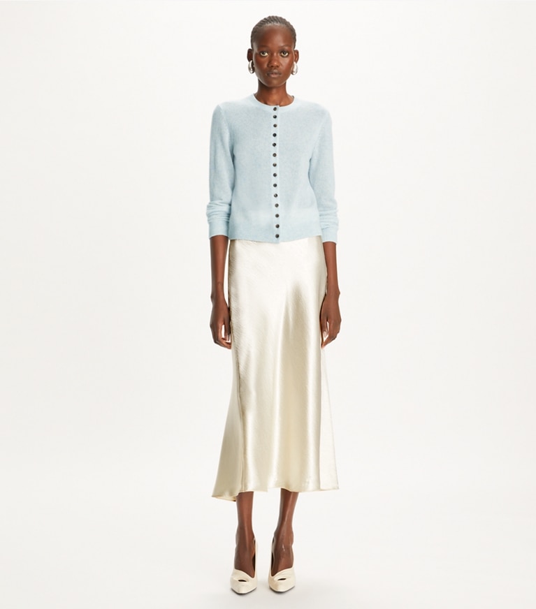 Tory Burch designer sweaters Cashmere Silk Cardigan in Soft Dewdrop front