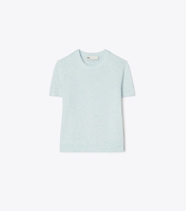 Tory Burch designer sweaters Cashmere Silk T-Shirt in Soft Dewdrop front
