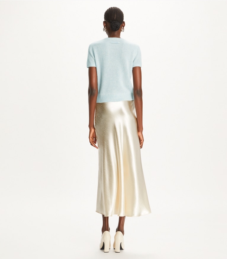 Tory Burch designer sweaters Cashmere Silk T-Shirt in Soft Dewdrop front