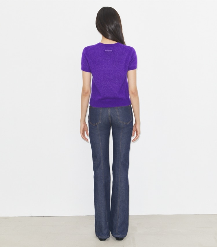 Tory Burch designer sweaters Cashmere Silk T-Shirt in Royal Purple on model back