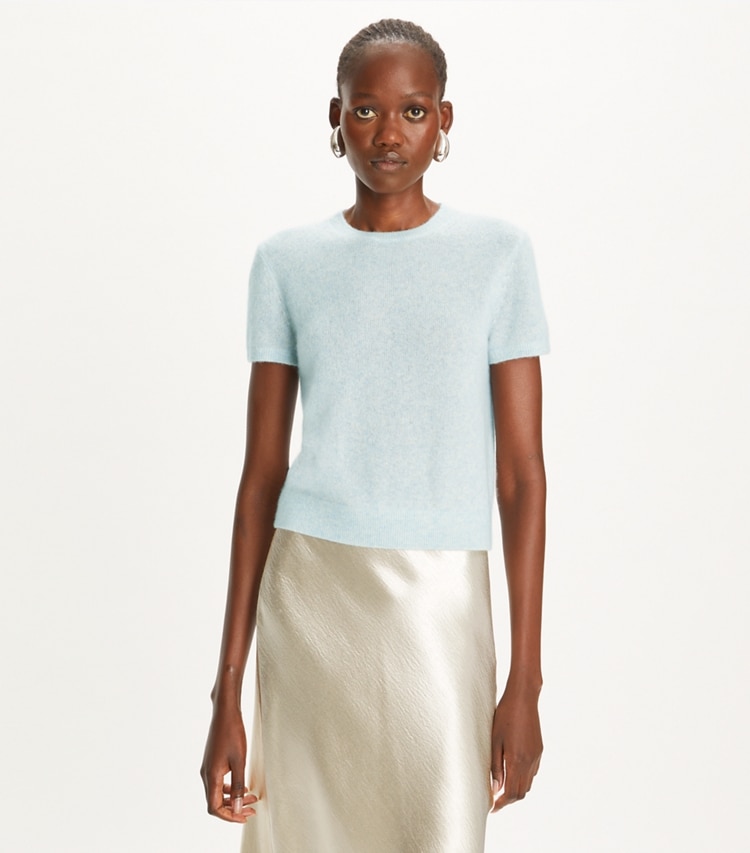 Tory Burch designer sweaters Cashmere Silk T-Shirt in Soft Dewdrop on model detail