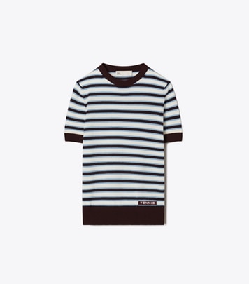 Tory Sport designer sweaters Cashmere Striped Short-Sleeve Tennis Sweater in Winetasting Stripe Set front