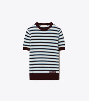 Tory Sport designer sweaters Cashmere Striped Short-Sleeve Tennis Sweater in Winetasting Stripe Set front