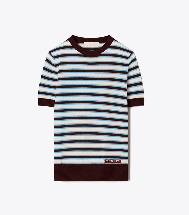 Tory Sport designer sweaters Cashmere Striped Short-Sleeve Tennis Sweater in Winetasting Stripe Set front