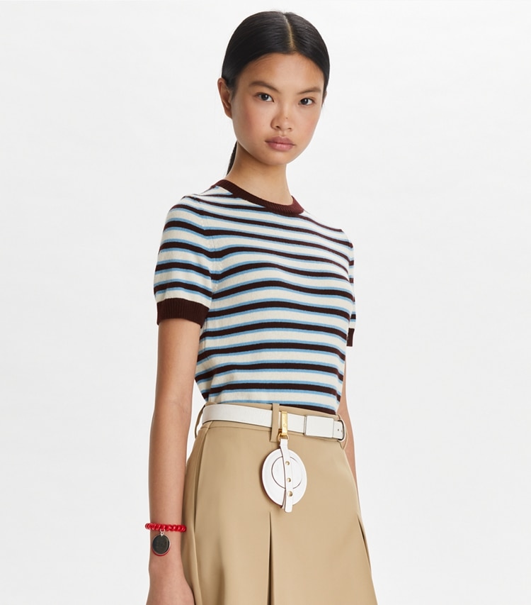 Tory Sport designer sweaters Cashmere Striped Short-Sleeve Tennis Sweater in Winetasting Stripe Set on model detail