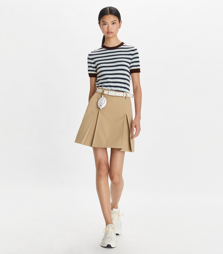 Tory Sport designer sweaters Cashmere Striped Short-Sleeve Tennis Sweater in Winetasting Stripe Set front
