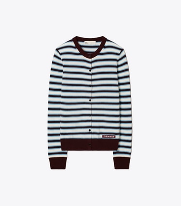 Tory Sport designer sweaters Cashmere Striped Tennis Cardigan in Winetasting Stripe Set front