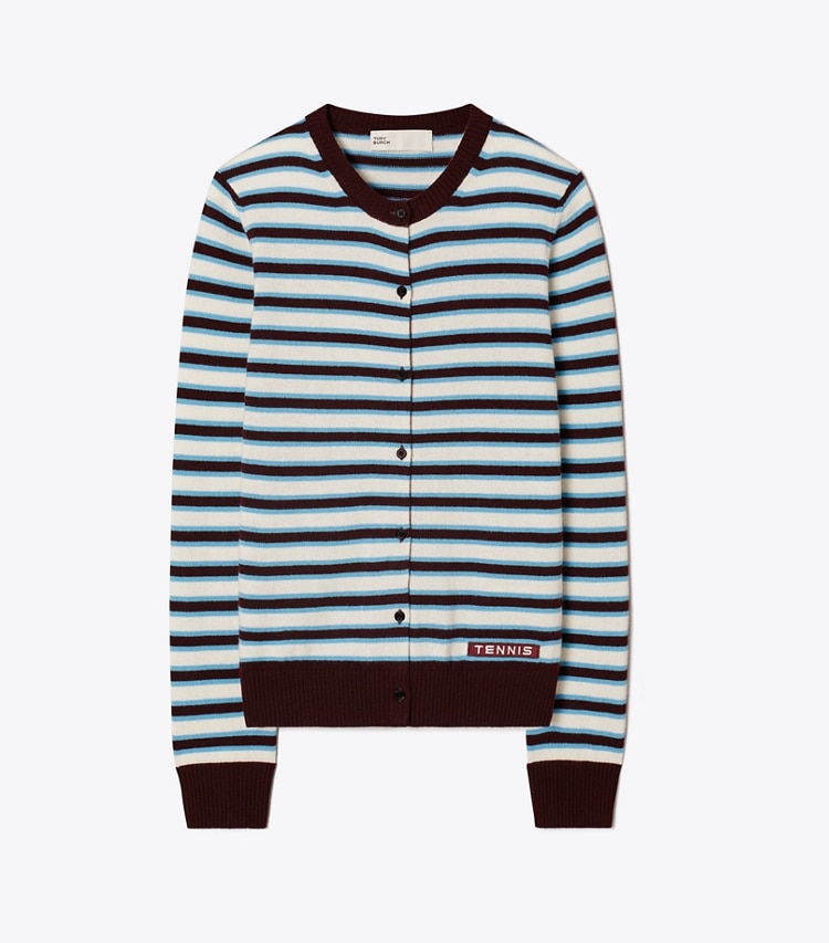 Tory Sport designer sweaters Cashmere Striped Tennis Cardigan in Winetasting Stripe Set front