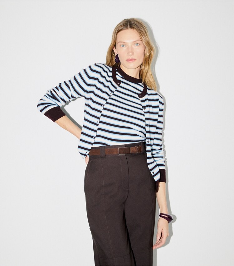 Tory Sport designer sweaters Cashmere Striped Tennis Cardigan in Winetasting Stripe Set on model detail