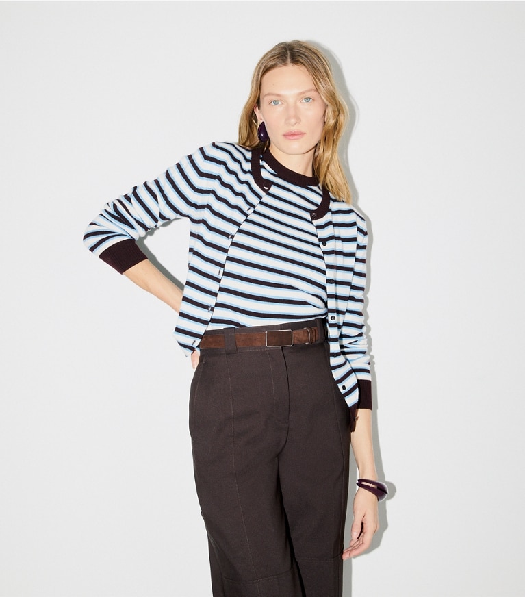 Tory Sport designer sweaters Cashmere Striped Tennis Cardigan in Winetasting Stripe Set front