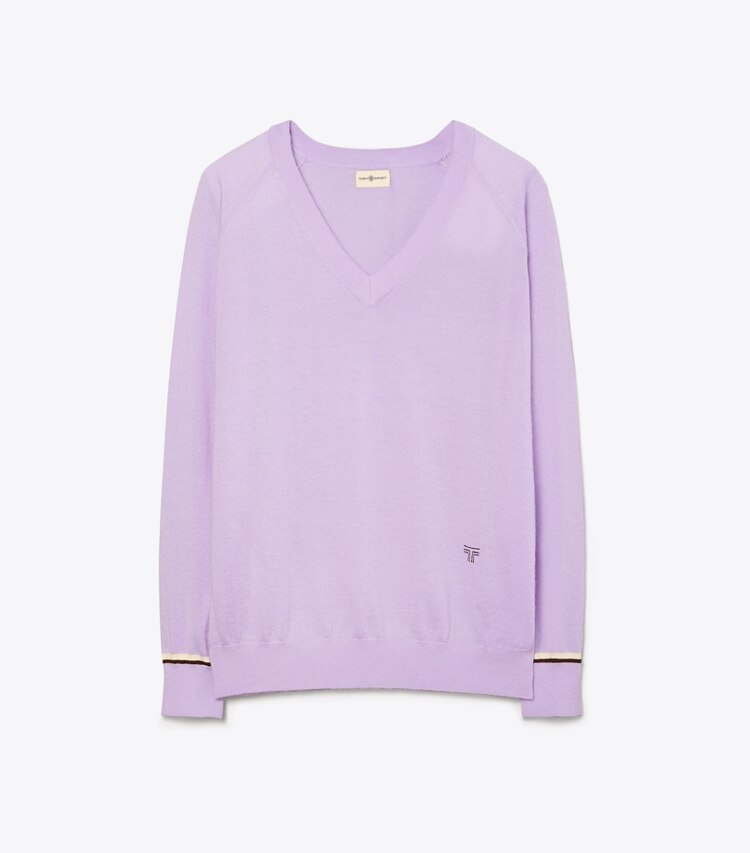 Tory Sport designer sweaters Cashmere V-Neck Sweater in Lavender Field front