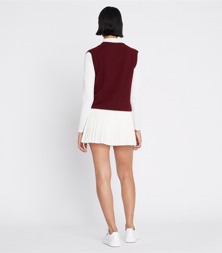 Tory Burch designer sweaters Cashmere V-Neck Sweater Vest in Winetasting front