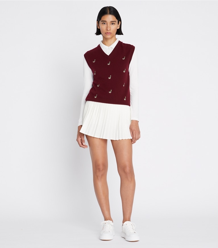 Tory Burch designer sweaters Cashmere V-Neck Sweater Vest in Winetasting front