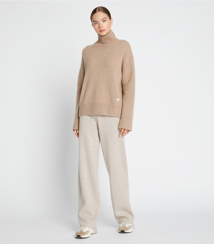 Tory Sport designer bottoms Cashmere Wide-Leg Pant in Natural Heather on model front