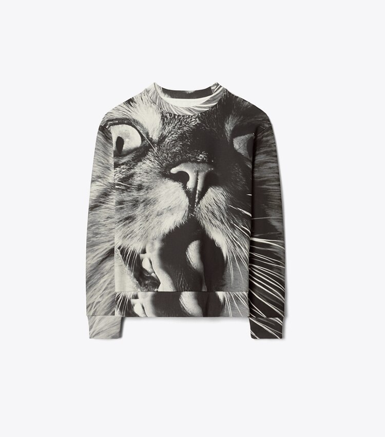 Tory Burch designer セーター キャットプリント クルーネック in Gray Cat Portrait front