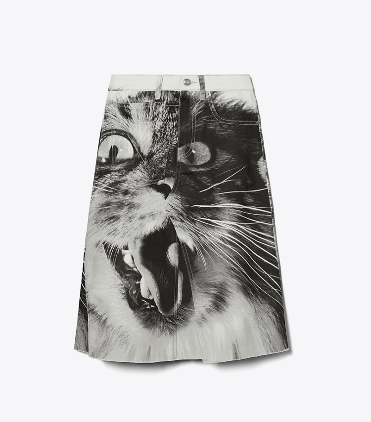 Tory Burch designer bottoms Cat Printed Denim Skirt in Gray Cat Portrait front