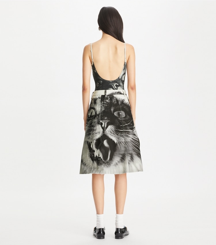 Tory Burch designer bottoms Cat Printed Denim Skirt in Gray Cat Portrait on model back