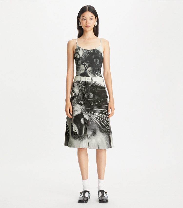 Tory Burch designer bottoms Cat Printed Denim Skirt in Gray Cat Portrait on model front