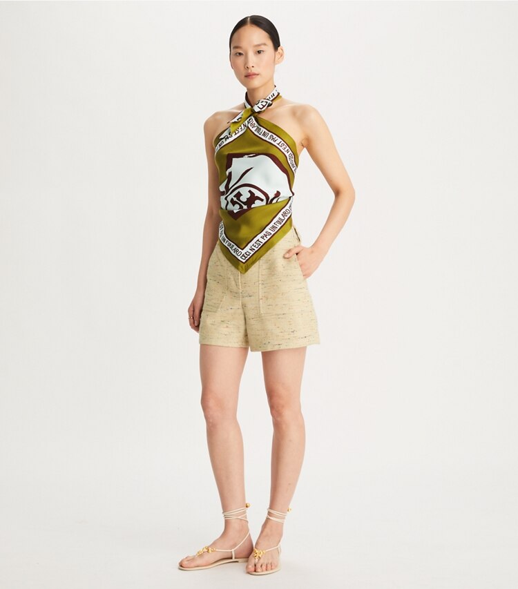 Tory Burch designer scarves Ceci N’est Pas Un Foulard Silk Neckerchief  in Green accessory on model