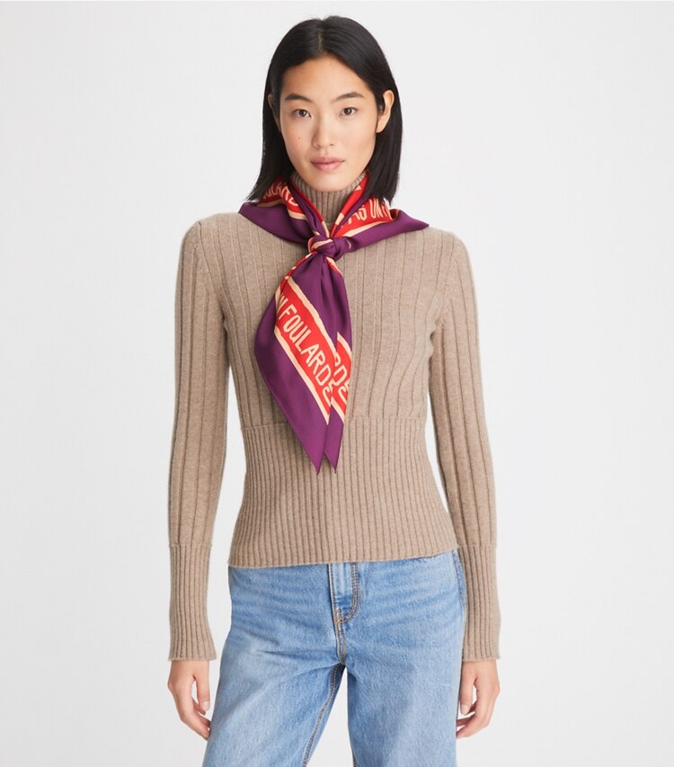 Tory Burch designer scarves Ceci N'est Pas Un Foulard Double-Sided Silk Square Scarf  in Purple accessory on model