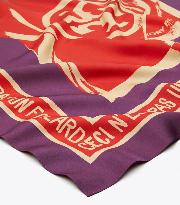 Tory Burch designer scarves Ceci N'est Pas Un Foulard Double-Sided Silk Square Scarf  in Purple detail