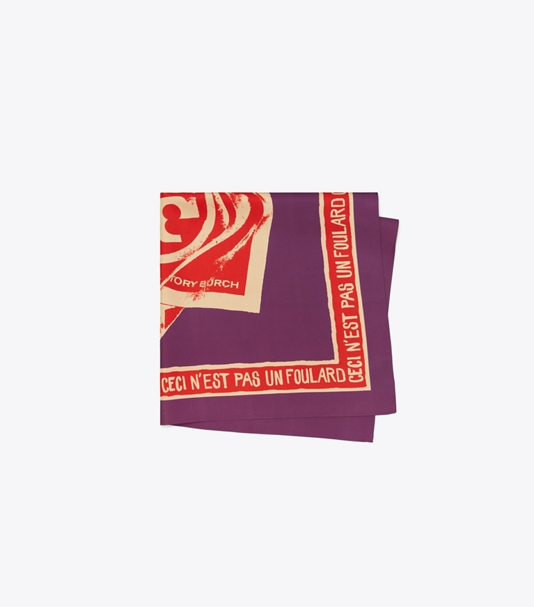 Tory Burch designer scarves Ceci N'est Pas Un Foulard Double-Sided Silk Square Scarf  in Purple overhead