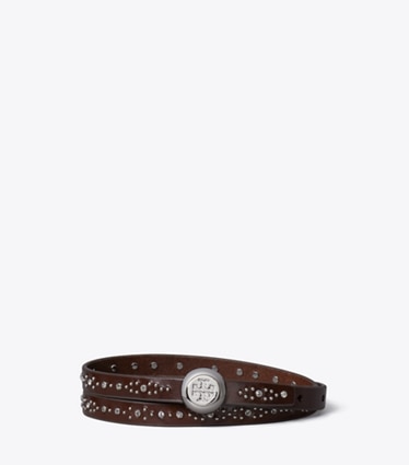Tory Burch designer ceintures Ceinture à clous Romy dans Dark Chocolate / Silver de face