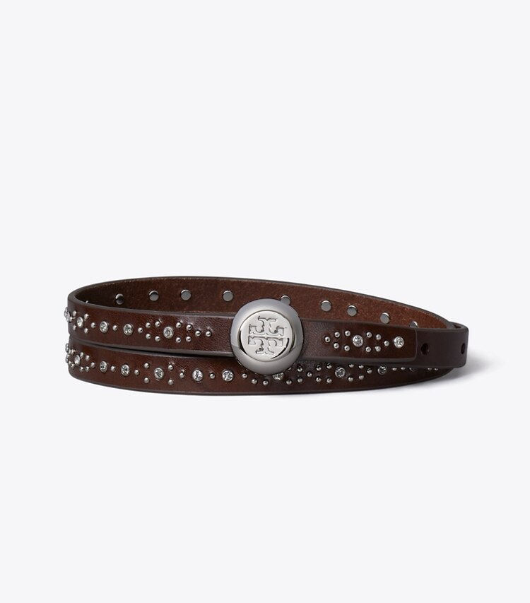 Tory Burch designer ceintures Ceinture à clous Romy dans Dark Chocolate / Silver de face