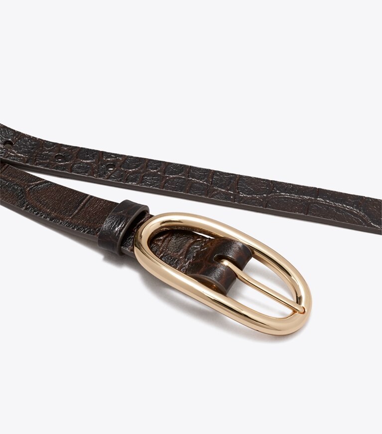 Tory Burch designer ceintures Ceinture à grosse boucle perforée embossée façon croco dans Cocoa / Gold détails