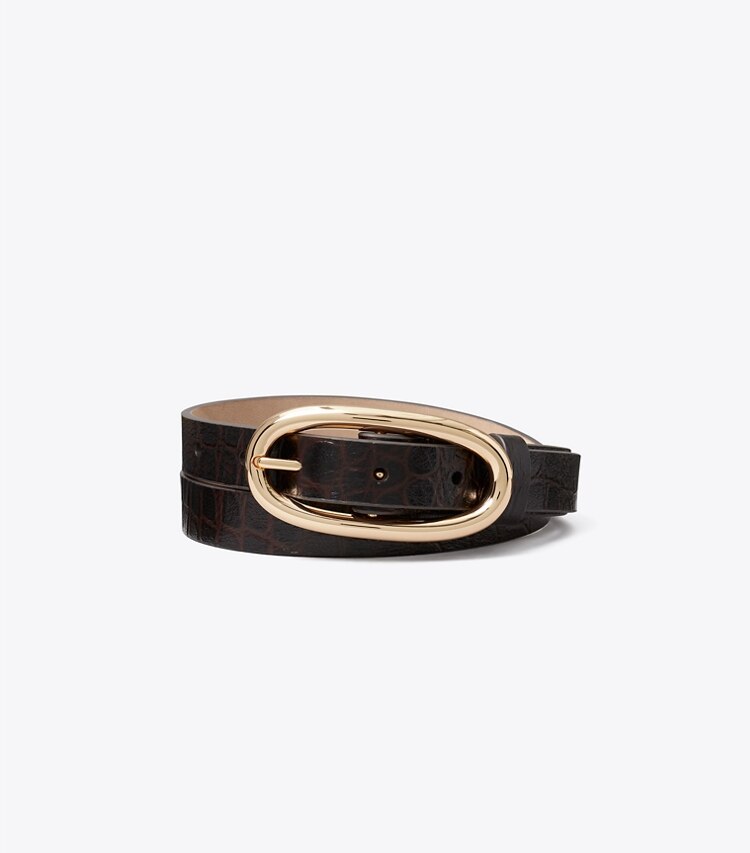 Tory Burch designer ceintures Ceinture à grosse boucle perforée embossée façon croco dans Cocoa / Gold de face