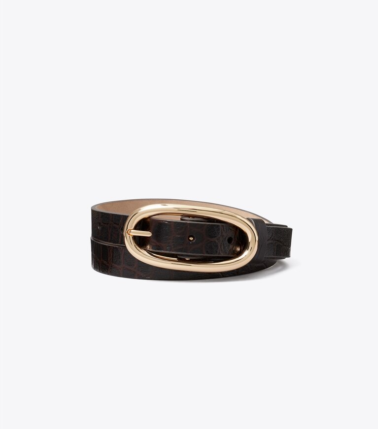 Tory Burch designer ceintures Ceinture à grosse boucle perforée embossée façon croco dans Cocoa / Gold de face